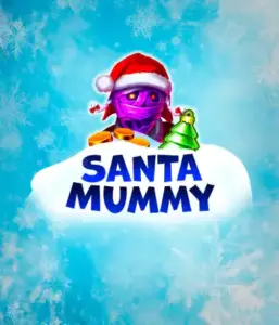  Experience the whimsical "Santa Mummy" slot game by Belatra, featuring a Santa-clad mummy dressed in festive holiday attire. This colorful image portrays the mummy with a bright purple hue, wearing a Santa hat, amid snowy blue and icy snowflakes. The game's title, "Santa Mummy," is boldly written in large, cool blue letters.