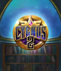 Explore the captivating artwork of ELK Studios' Cygnus 2 Slot, featuring a spectacular emblem with a shining design in purple and gold. With a backdrop of a mystical background of a library, this image captures the theme of mystical exploration. 